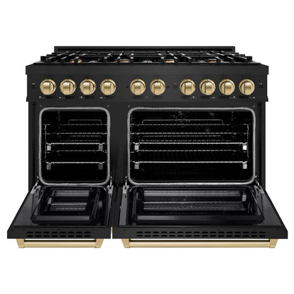 ZLINE Autograph Edition 48 in. 6.7 cu. ft. Select Double Oven Dual Fuel Range with 8 Burner Gas Cooktop in Black Stainless Steel and Champagne Bronze Accents (HDRBZ-48-CB)
