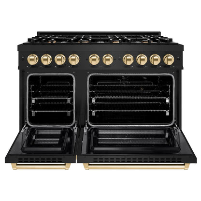 ZLINE Autograph Edition 48 in. 6.7 cu. ft. Select Double Oven Dual Fuel Range with 8 Burner Gas Cooktop in Black Stainless Steel and Polished Gold Accents (HDRBZ-48-G)