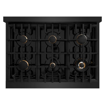 ZLINE Autograph Edition 36 in. 5.2 cu. ft. Select Gas Range with 6 Burner Cooktop and Convection Gas Oven in Black Stainless Steel and Champagne Bronze Accents (HGRBZ-36-CB)