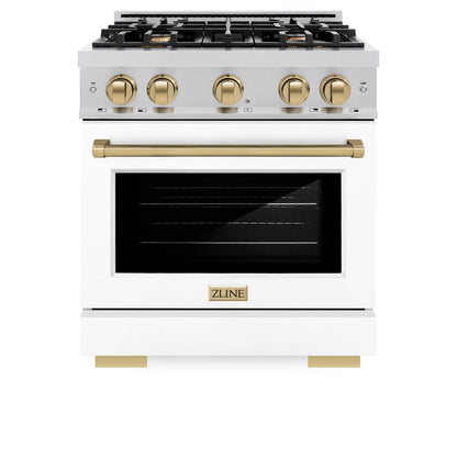 ZLINE Autograph Edition 30 in. 4.2 cu. ft. Select Dual Fuel Range with 4 Burner Gas Cooktop and Electric Convection Oven in Stainless Steel with White Matte Door and Champagne Bronze Accents (HDRZ-WM-30-CB)