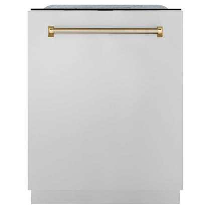 ZLINE Autograph Edition 24 in. Monument Series 3rd Rack Top Touch Control Tall Tub Dishwasher in Stainless Steel with Polished Gold Helix Handle, 45dBa (DWMTZ-30424-KG)