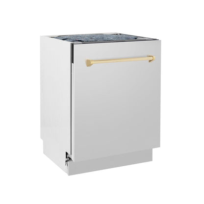 ZLINE Autograph Edition 24 in. 3rd Rack Top Control Tall Tub Dishwasher in Stainless Steel with Polished Gold Handle, 51dBa (DWVZ-304-24-G)