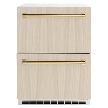 ZLINE Autograph Edition 24 in. Touchstone 168 Can Outdoor-Rated Dual Refrigerator Drawer with Panel-Ready Doors and Polished Gold Handles (RDSPOZ-24-G)