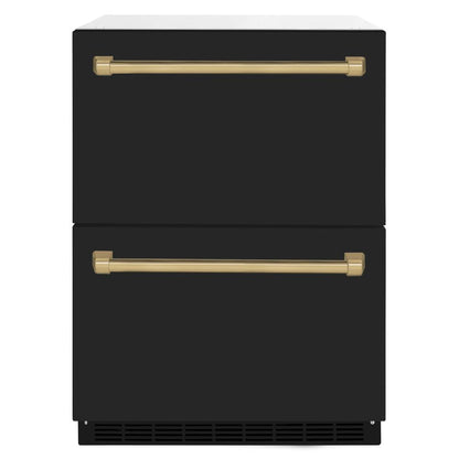 ZLINE Autograph Edition 24 in. Touchstone 168 Can Outdoor-Rated Dual Refrigerator Drawer with Black Matte Doors and Champagne Bronze Handles (RDSOZ-BLM-24-CB)