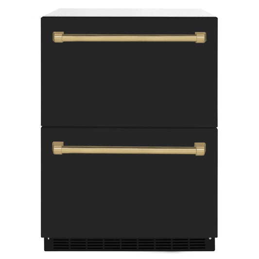 ZLINE Autograph Edition 24 in. Touchstone 168 Can Outdoor-Rated Dual Refrigerator Drawer with Black Matte Doors and Champagne Bronze Handles (RDSOZ-BLM-24-CB)