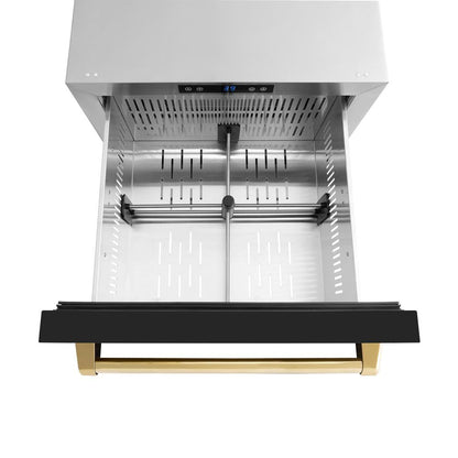 ZLINE Autograph Edition 24 in. Touchstone 168 Can Outdoor-Rated Dual Refrigerator Drawer with Black Matte Doors and Polished Gold Handles (RDSOZ-BLM-24-G)