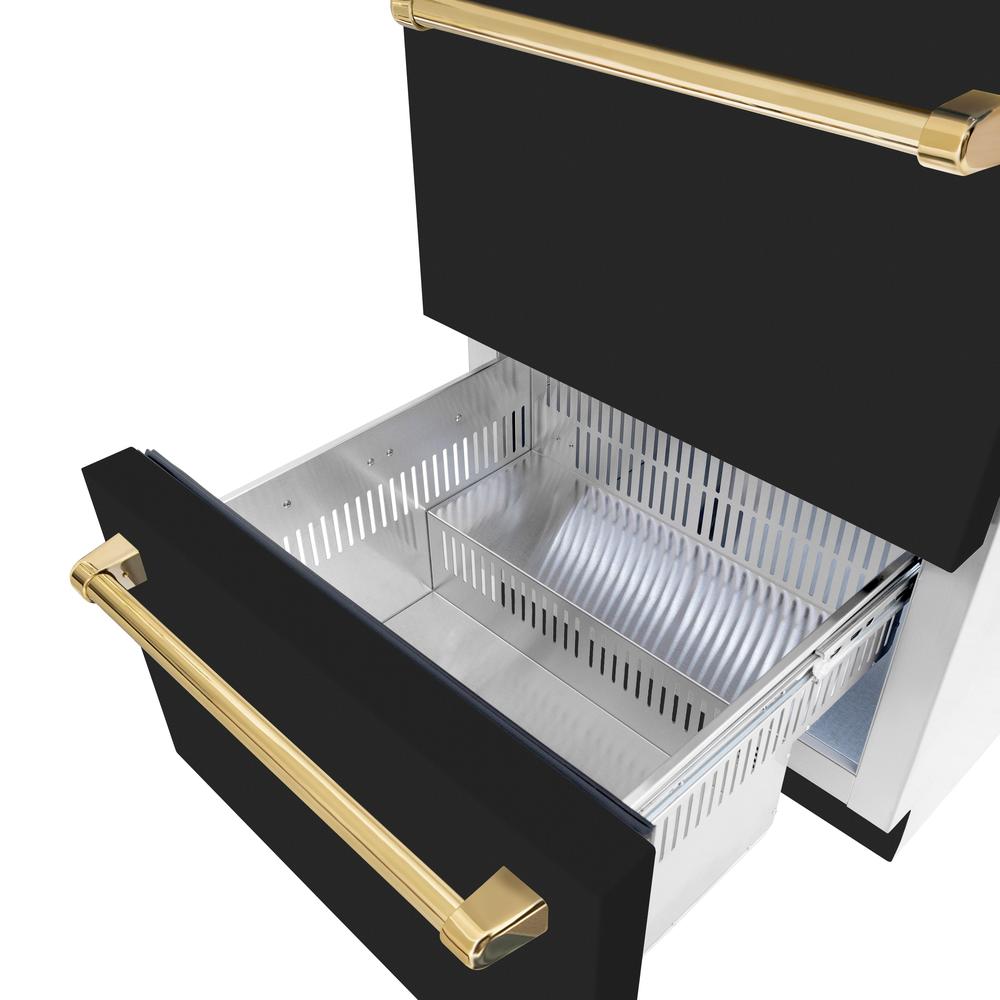 ZLINE Autograph Edition 24 in. Touchstone 168 Can Outdoor-Rated Dual Refrigerator Drawer with Black Matte Doors and Polished Gold Handles (RDSOZ-BLM-24-G)