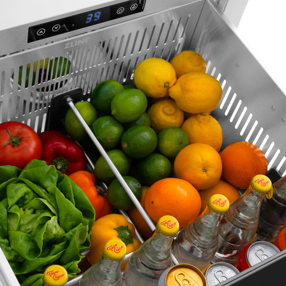 ZLINE Autograph Edition 24 in. Touchstone 168 Can Outdoor-Rated Dual Refrigerator Drawer with Black Matte Doors and Polished Gold Handles (RDSOZ-BLM-24-G)