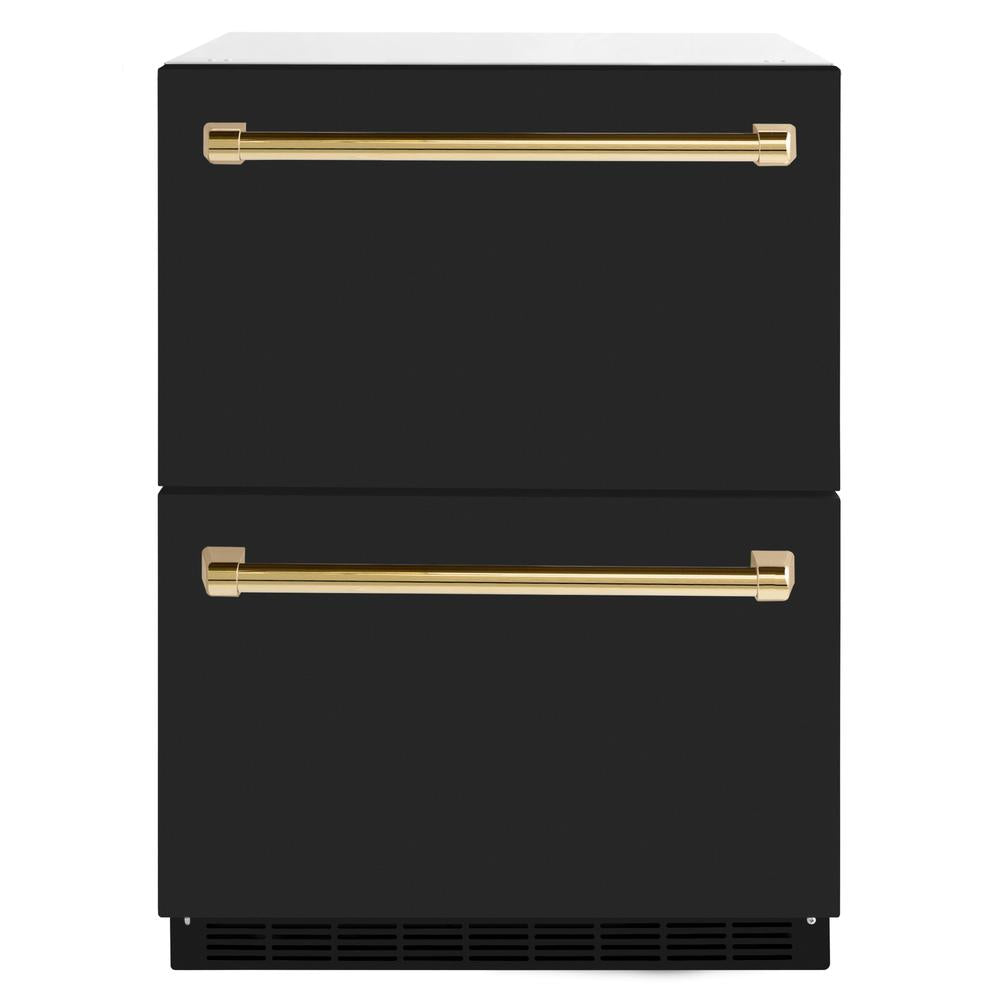ZLINE Autograph Edition 24 in. Touchstone 168 Can Outdoor-Rated Dual Refrigerator Drawer with Black Matte Doors and Polished Gold Handles (RDSOZ-BLM-24-G)