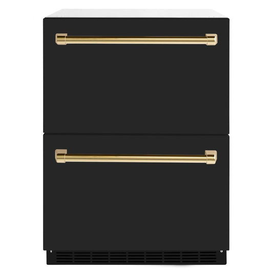 ZLINE Autograph Edition 24 in. Touchstone 168 Can Outdoor-Rated Dual Refrigerator Drawer with Black Matte Doors and Polished Gold Handles (RDSOZ-BLM-24-G)