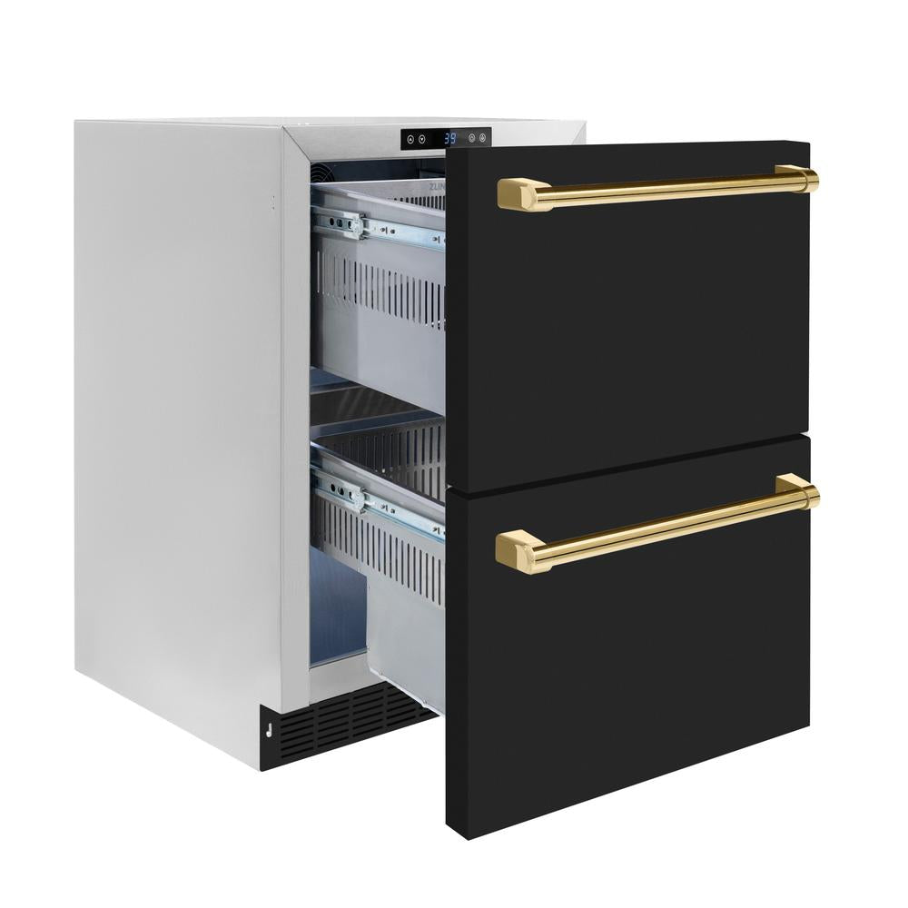 ZLINE Autograph Edition 24 in. Touchstone 168 Can Outdoor-Rated Dual Refrigerator Drawer with Black Matte Doors and Polished Gold Handles (RDSOZ-BLM-24-G)