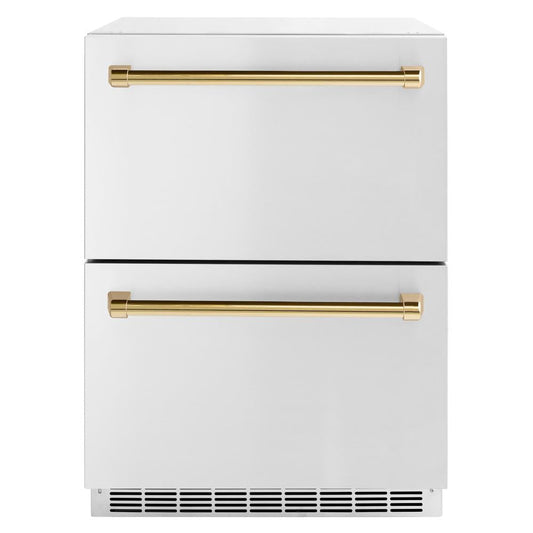 ZLINE Autograph Edition 24 in. Touchstone 168 Can Outdoor-Rated Dual Refrigerator Drawer with Stainless Steel Doors and Polished Gold Handles (RDSOZ-ST-24-G)