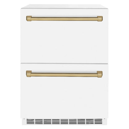 ZLINE Autograph Edition 24 in. Touchstone 168 Can Outdoor-Rated Dual Refrigerator Drawer with White Matte Doors and Champagne Bronze Handles (RDSOZ-WM-24-CB)