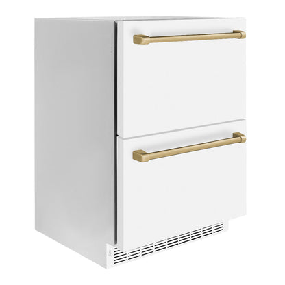 ZLINE Autograph Edition 24 in. Touchstone 168 Can Outdoor-Rated Dual Refrigerator Drawer with White Matte Doors and Champagne Bronze Handles (RDSOZ-WM-24-CB)