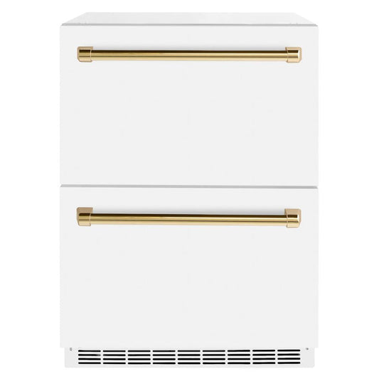 ZLINE Autograph Edition 24 in. Touchstone 168 Can Outdoor-Rated Dual Refrigerator Drawer with White Matte Doors and Polished Gold Handles (RDSOZ-WM-24-G)