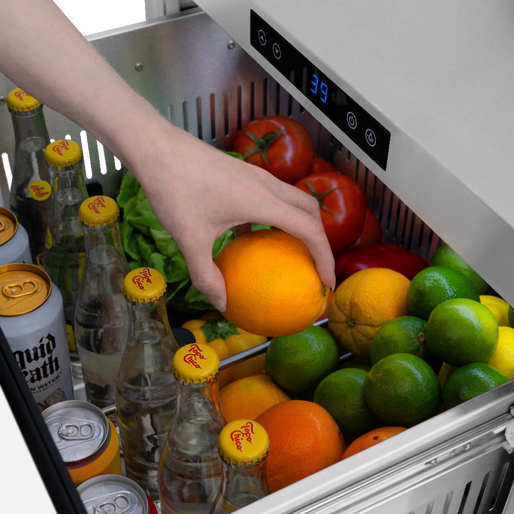 ZLINE Autograph Edition 24 in. Touchstone 168 Can Outdoor-Rated Dual Refrigerator Drawer with White Matte Doors and Matte Black Handles (RDSOZ-WM-24-MB)