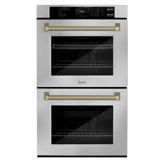 ZLINE Autograph Edition 30 in. Professional True Convection Double Wall Oven with Air Fry and Self Clean in Stainless Steel with Champagne Bronze Helix Handles (WADZ-30-KCB)