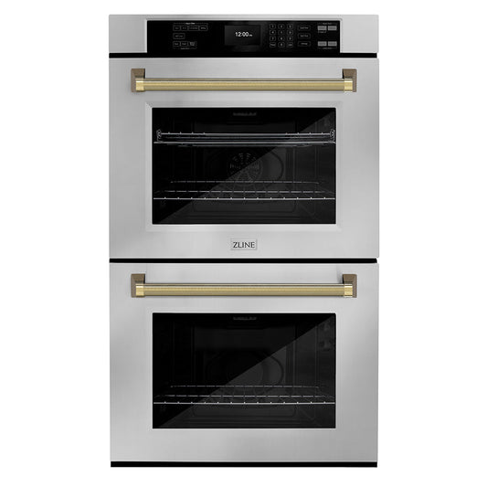 ZLINE Autograph Edition 30 in. Professional True Convection Double Wall Oven with Air Fry and Self Clean in Stainless Steel with Polished Gold Helix Handles (WADZ-30-KG)