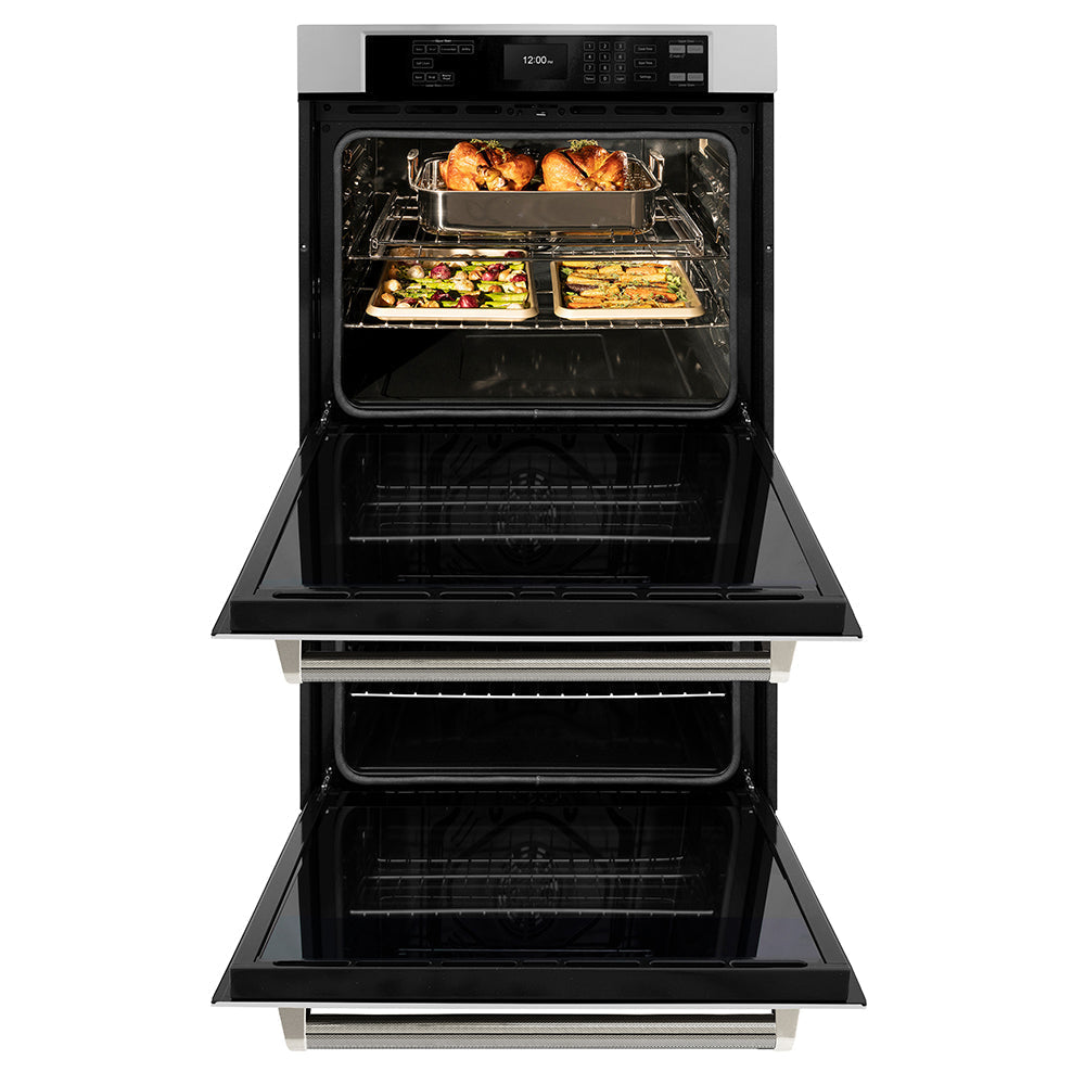 ZLINE Autograph Edition 30 in. Professional True Convection Double Wall Oven with Air Fry and Self Clean in Stainless Steel with Polished Nickel Helix Handles (WADZ-30-KPN)