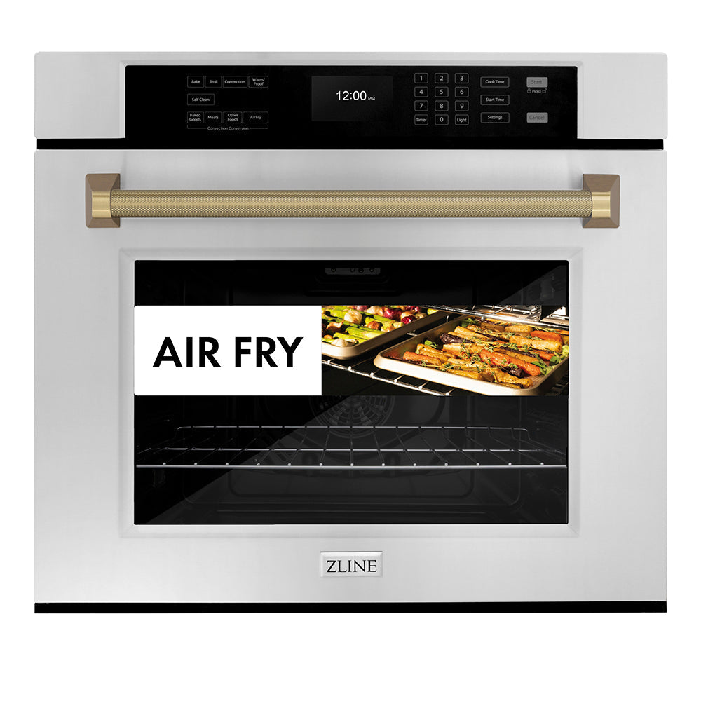ZLINE Autograph Edition 30 in. Professional True Convection Single Wall Oven with Air Fry and Self Clean in Stainless Steel with Champagne Bronze Helix Handle (WASZ-30-KCB)