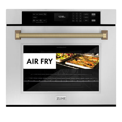 ZLINE Autograph Edition 30 in. Professional True Convection Single Wall Oven with Air Fry and Self Clean in Stainless Steel with Champagne Bronze Helix Handle (WASZ-30-KCB)