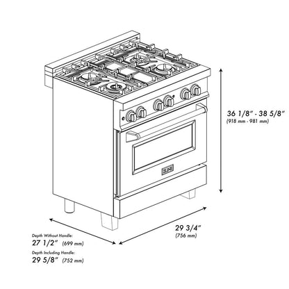 ZLINE Autograph Edition 30 in. 4.0 cu. ft. Legacy Dual Fuel Range with 4 Burner Gas Cooktop and Electric Convection Oven in Stainless Steel with White Matte Door and Polished Gold Accents (RAZ-WM-30-G)
