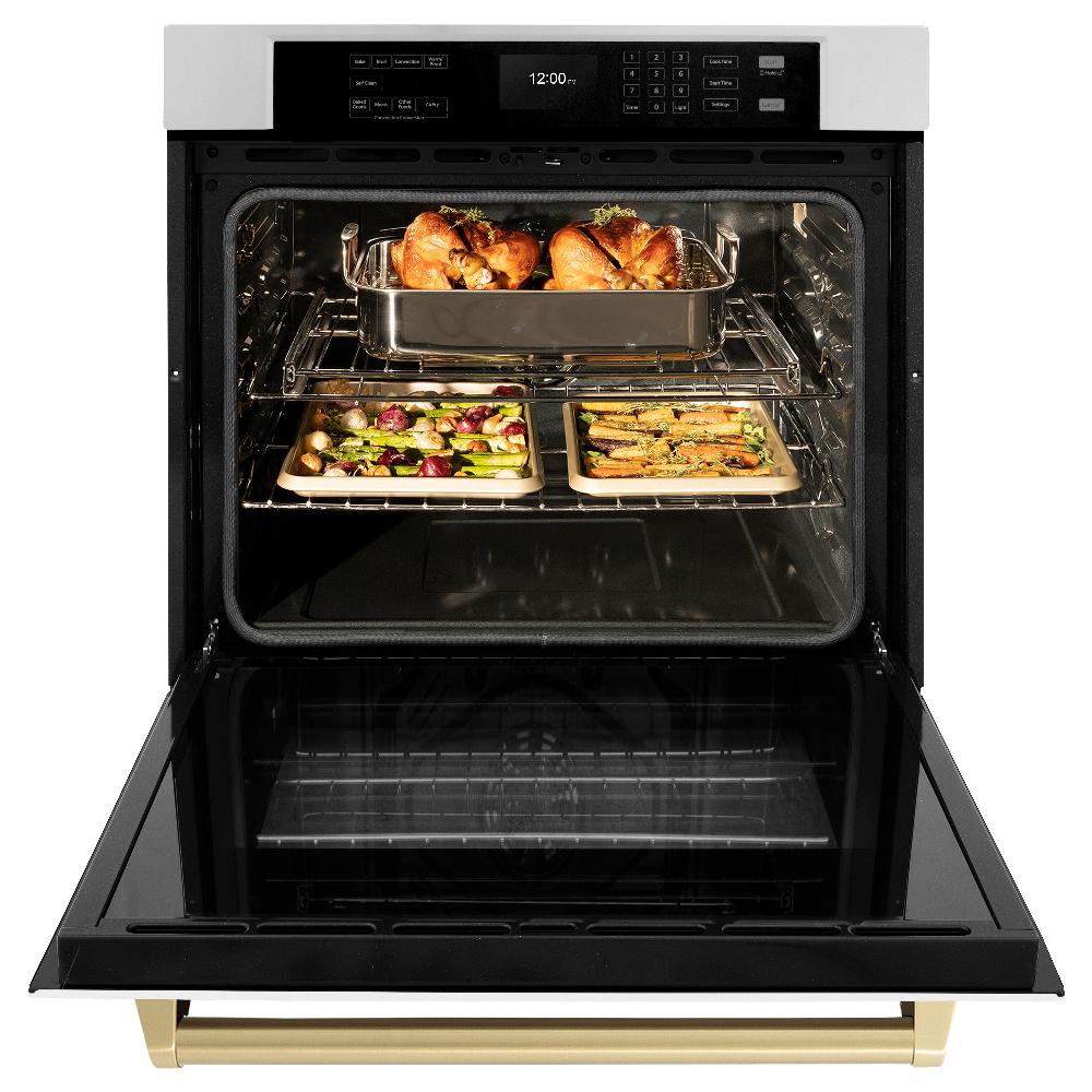 ZLINE Autograph Edition 30 in. Professional True Convection Single Wall Oven with Air Fry and Self Clean in Stainless Steel with White Matte Door and Polished Gold Handle (WASZ-WM-30-G)