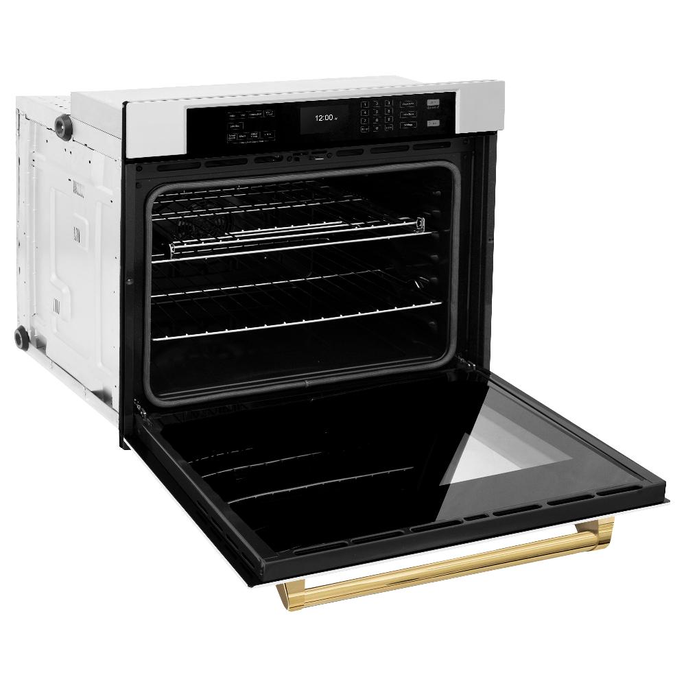 ZLINE Autograph Edition 30 in. Professional True Convection Single Wall Oven with Air Fry and Self Clean in Stainless Steel with White Matte Door and Polished Gold Handle (WASZ-WM-30-G)