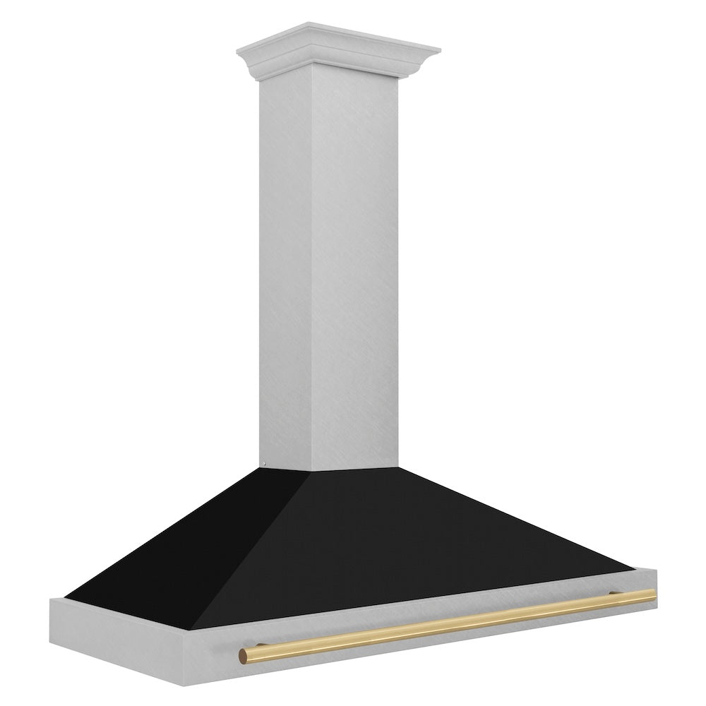 ZLINE Autograph Edition 48 in. Convertible Satin Stainless Steel Wall Mount Range Hood with Black Matte Shell and Polished Gold Handle (KB4SNZ-BLM48-G)