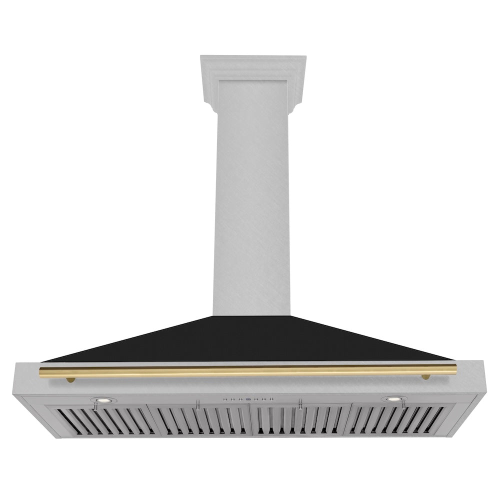 ZLINE Autograph Edition 48 in. Convertible Satin Stainless Steel Wall Mount Range Hood with Black Matte Shell and Polished Gold Handle (KB4SNZ-BLM48-G)