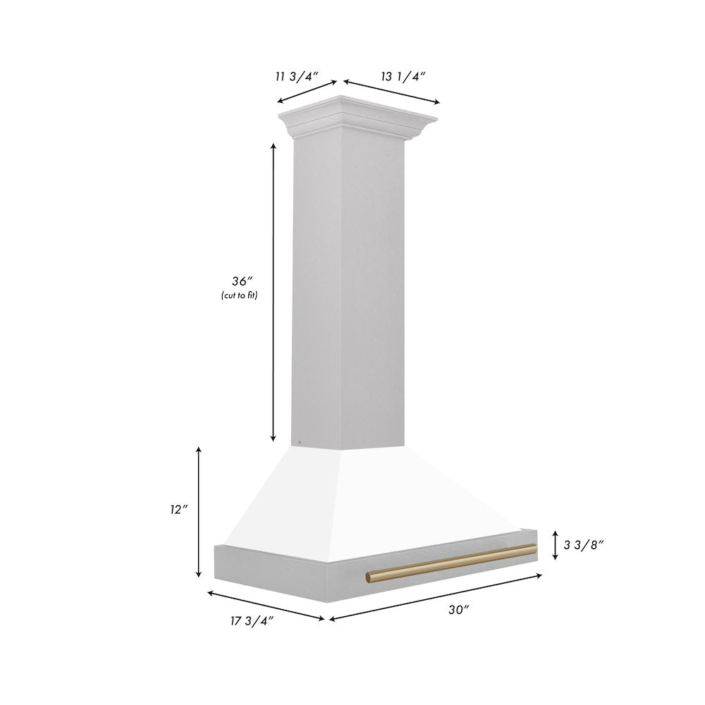 ZLINE Autograph Edition 30 in. Convertible Satin Stainless Steel Wall Mount Range Hood with White Matte Shell and Champagne Bronze Handle (KB4SNZ-WM30-CB)