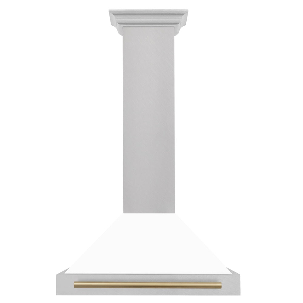 ZLINE Autograph Edition 30 in. Convertible Satin Stainless Steel Wall Mount Range Hood with White Matte Shell and Champagne Bronze Handle (KB4SNZ-WM30-CB)
