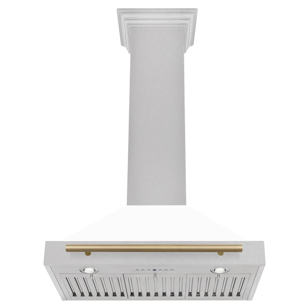 ZLINE Autograph Edition 30 in. Convertible Satin Stainless Steel Wall Mount Range Hood with White Matte Shell and Champagne Bronze Handle (KB4SNZ-WM30-CB)