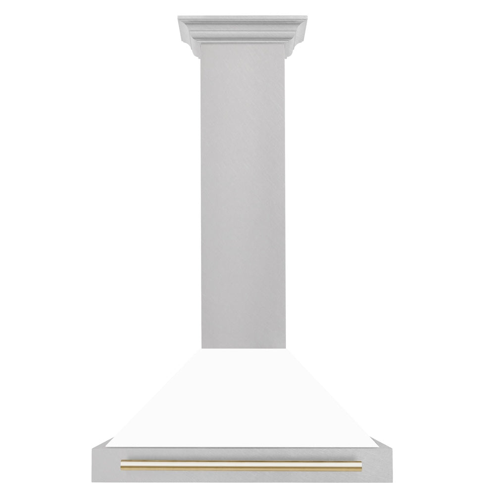 ZLINE Autograph Edition 30 in. Convertible Satin Stainless Steel Wall Mount Range Hood with White Matte Shell and Polished Gold Handle (KB4SNZ-WM30-G)