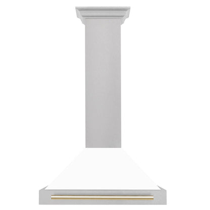 ZLINE Autograph Edition 30 in. Convertible Satin Stainless Steel Wall Mount Range Hood with White Matte Shell and Polished Gold Handle (KB4SNZ-WM30-G)
