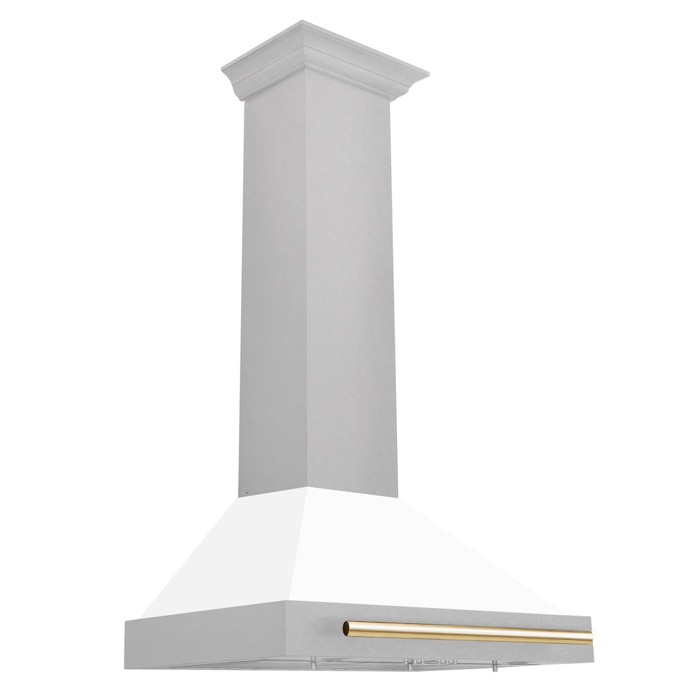 ZLINE Autograph Edition 30 in. Convertible Satin Stainless Steel Wall Mount Range Hood with White Matte Shell and Polished Gold Handle (KB4SNZ-WM30-G)