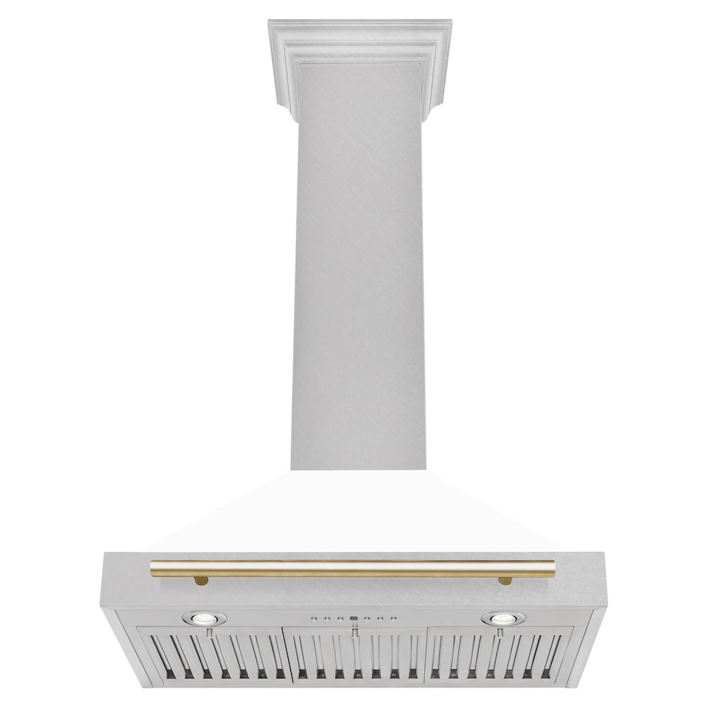 ZLINE Autograph Edition 30 in. Convertible Satin Stainless Steel Wall Mount Range Hood with White Matte Shell and Polished Gold Handle (KB4SNZ-WM30-G)