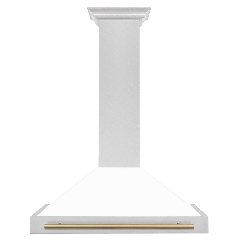 ZLINE Autograph Edition 36 in. Convertible Satin Stainless Steel Wall Mount Range Hood with White Matte Shell and Champagne Bronze Handle (KB4SNZ-WM36-CB)