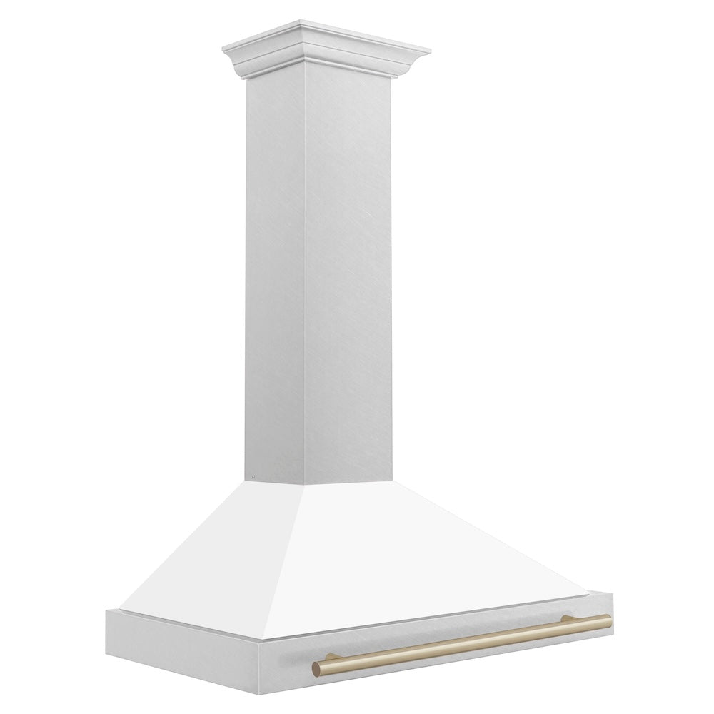 ZLINE Autograph Edition 36 in. Convertible Satin Stainless Steel Wall Mount Range Hood with White Matte Shell and Champagne Bronze Handle (KB4SNZ-WM36-CB)
