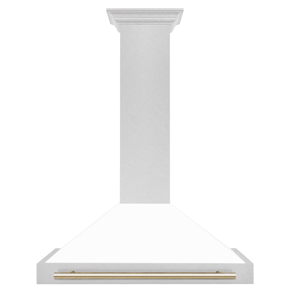 ZLINE Autograph Edition 36 in. Convertible Satin Stainless Steel Wall Mount Range Hood with White Matte Shell and Polished Gold Handle (KB4SNZ-WM36-G)