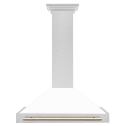 ZLINE Autograph Edition 36 in. Convertible Satin Stainless Steel Wall Mount Range Hood with White Matte Shell and Polished Gold Handle (KB4SNZ-WM36-G)