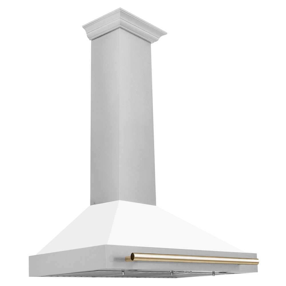 ZLINE Autograph Edition 36 in. Convertible Satin Stainless Steel Wall Mount Range Hood with White Matte Shell and Polished Gold Handle (KB4SNZ-WM36-G)