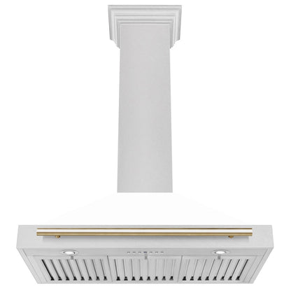 ZLINE Autograph Edition 36 in. Convertible Satin Stainless Steel Wall Mount Range Hood with White Matte Shell and Polished Gold Handle (KB4SNZ-WM36-G)