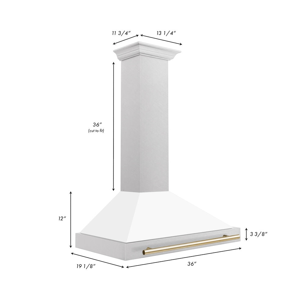 ZLINE Autograph Edition 36 in. Convertible Satin Stainless Steel Wall Mount Range Hood with White Matte Shell and Polished Gold Handle (KB4SNZ-WM36-G)