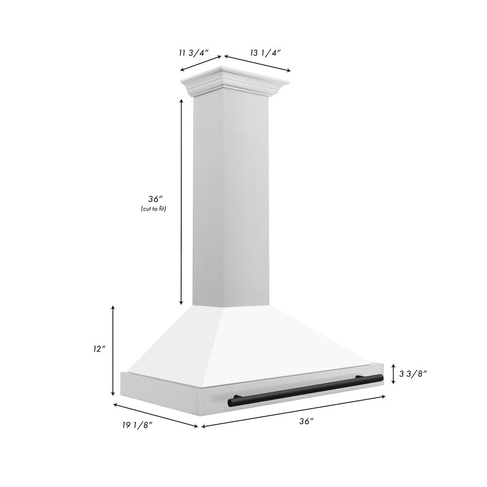 ZLINE Autograph Edition 36 in. Convertible Satin Stainless Steel Wall Mount Range Hood with White Matte Shell and Matte Black Handle (KB4SNZ-WM36-MB)