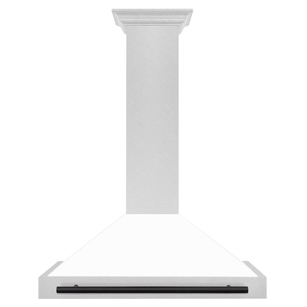 ZLINE Autograph Edition 36 in. Convertible Satin Stainless Steel Wall Mount Range Hood with White Matte Shell and Matte Black Handle (KB4SNZ-WM36-MB)