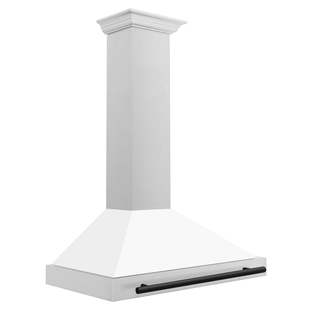 ZLINE Autograph Edition 36 in. Convertible Satin Stainless Steel Wall Mount Range Hood with White Matte Shell and Matte Black Handle (KB4SNZ-WM36-MB)