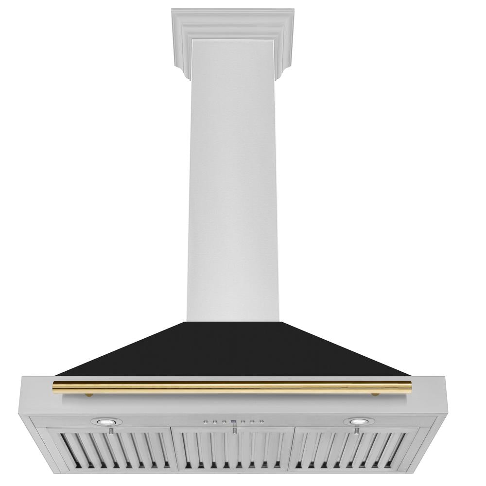ZLINE Autograph Edition 36 in. Convertible Stainless Steel Range Hood with Black Matte Shell and Polished Gold Handle (KB4STZ-BLM36-G)