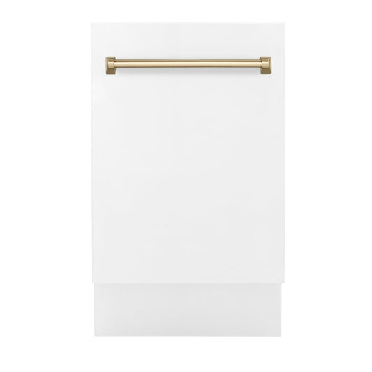 ZLINE Autograph Edition 18” Tallac Series 3rd Rack Top Control Built-In Dishwasher in White Matte with Champagne Bronze Handle, 51dBa (DWVZ-WM-18-CB)