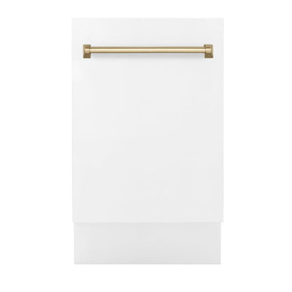 ZLINE Autograph Edition 18 in. Compact 3rd Rack Top Control Dishwasher in White Matte with Champagne Bronze Accent Handle, 51dBa (DWVZ-WM-18-CB)